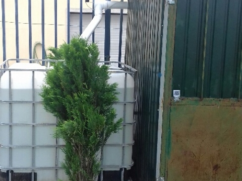 Sistema de recolha e armazenamento de água da chuva para a horta da escola.